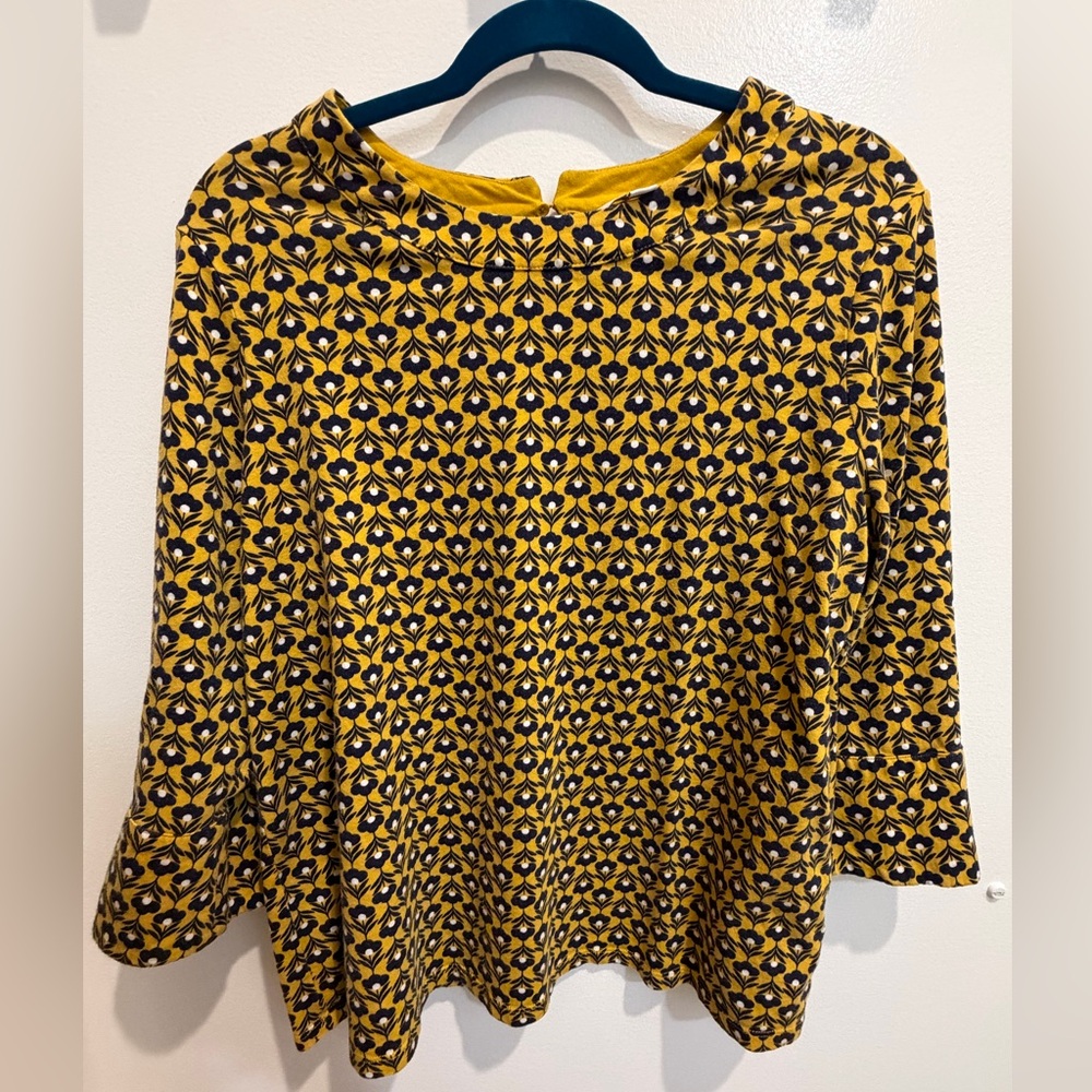 Boden Yellow and Navy Blue Geometric Blouse 3/4 Sleeve
